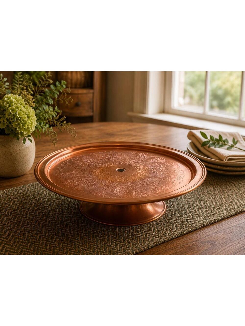 Vintage Copper Lazy Susan Pedestal Serving Tray Etched Floral Design